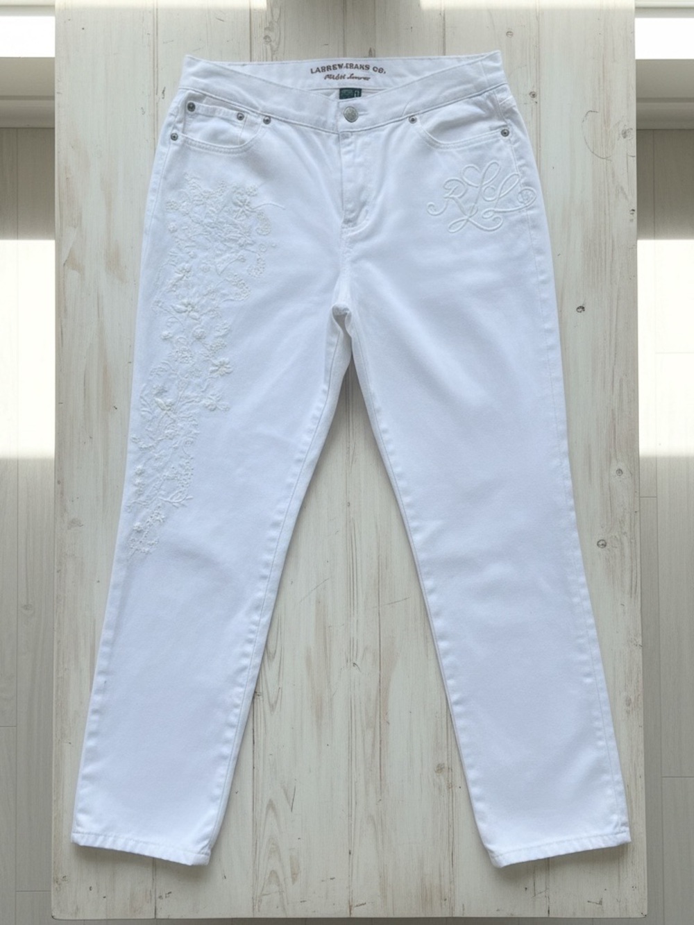 Lauren Ralph Lauren White Embroidered Floral Straight Leg Jeans Size 8P